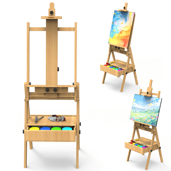 Yacona H-Frame Easel for Painting, Large Beech Wood Art Easel for Adults, Adjustable Painting Stand with Drawer and Storage Tray, Hold up to 48"
