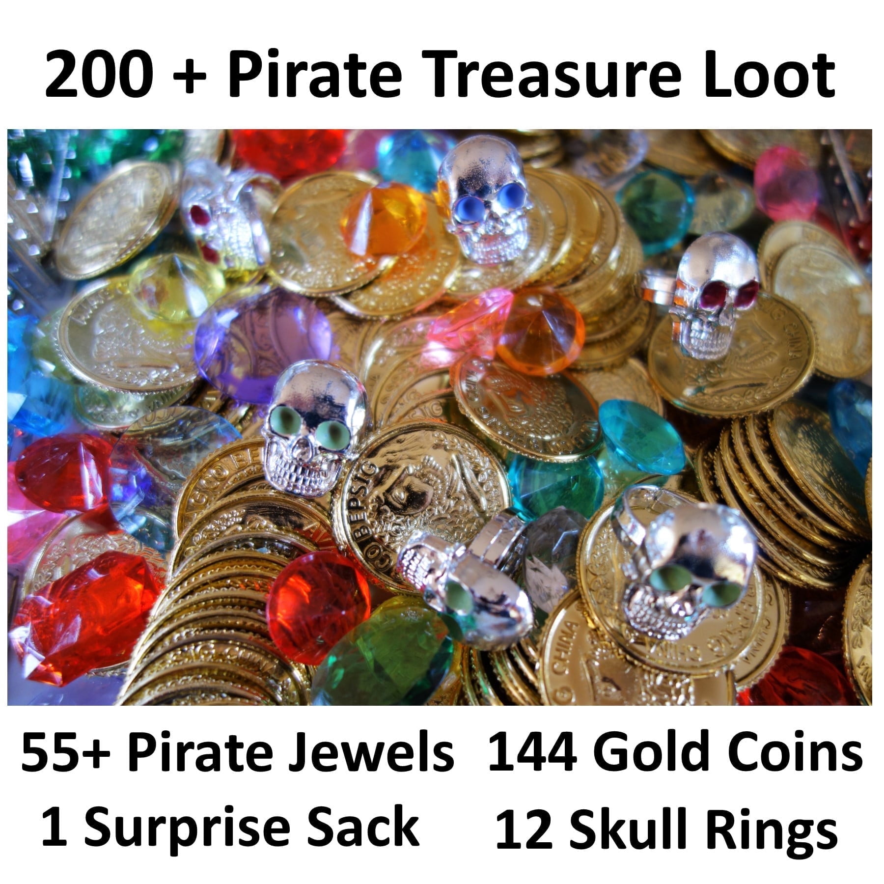 Pirate Treasure Kit – 144 Plastic Gold Coins + 144 Gems & Jewels For Party Favors, Games & Crafts