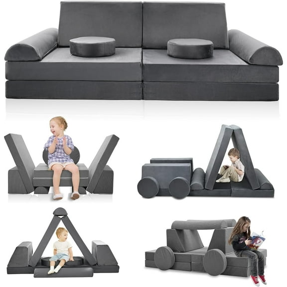 SUNYRISY Modular Kids Play Couch, Large Sectional Foam Toddler Floor Sofa Couch for Building Fort Play, Child Convertible Sofa for Playroom Bedroom Furniture, Grey