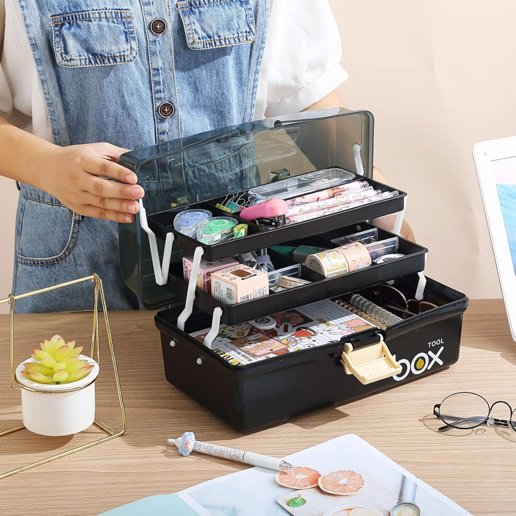 Kinsorcai 2PCS 12'' Three-Layer Clear Plastic Storage Box/Tool Box, Multipurpose Organizer and Portable Handled Storage Case for Art Craft and Cosmetic (Black)
