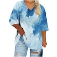 thumbnail image 4 of Tops for Women 3/4 Sleeve Tie-dye Printed V-neck T-shirt Large Size Loose Blouse Navy XL, 4 of 5
