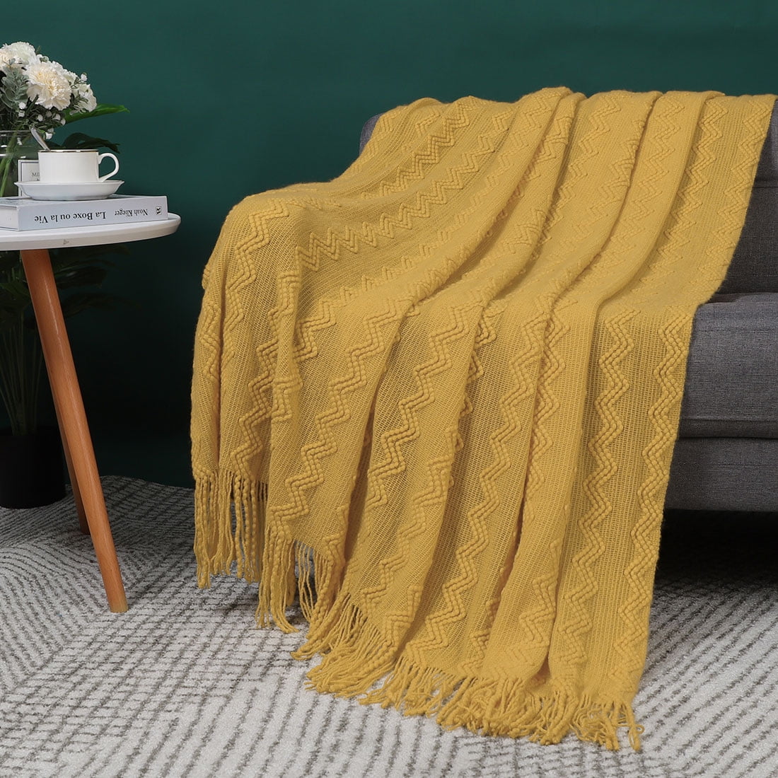 Wavy Pattern Decorative Knit Throw Blanket with Tassels, 50" x 60", Old Gold