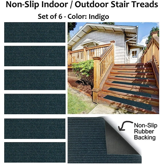 Set of 6 Rubber Backed Non-Slip 1/4" Thick Heavy Duty Indoor/Outdoor Carpet Stair Treads. Many Sizes Available (Color: Blue)