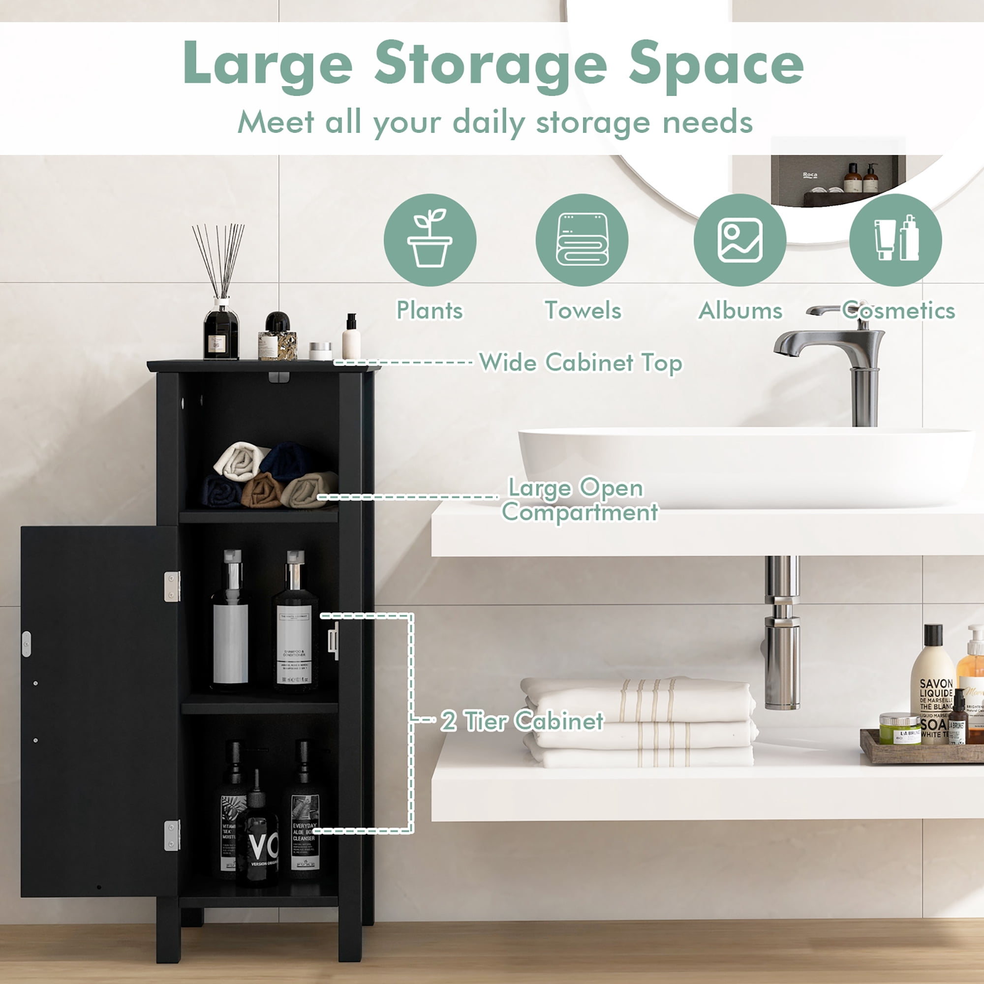 Gymax Bathroom Storage Organizer Narrow Floor Cabinet w/ 2-Tier Cabinet Open Compartment Black
