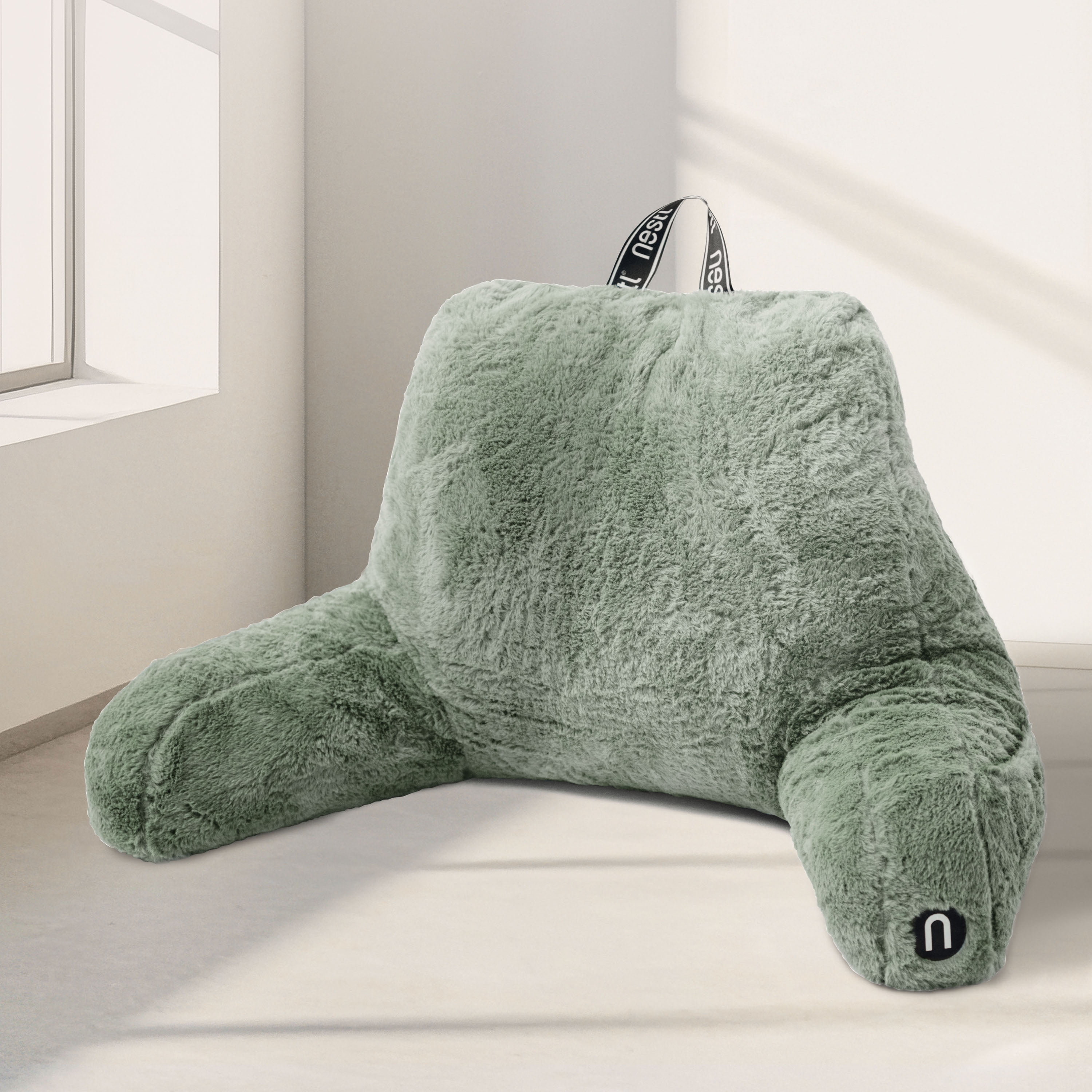 Nestl Fur Reading Pillow with Lap Desk, Stylish Arm Rest Pillow, Lap Desk with Backrest Pillow for Sitting in Bed, Faux Fur, Sage Green