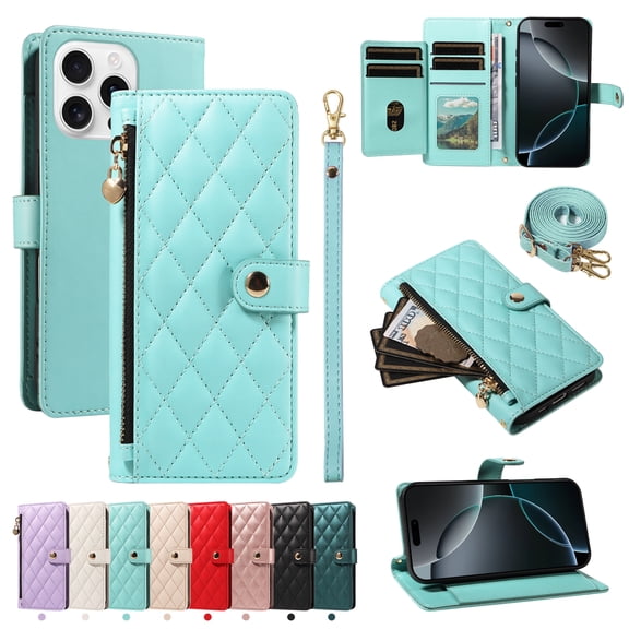 For iPhone 16 Pro Wallet Case: with RFID Blocking Card Slots [5 Cards 1 Cash Slot 1 Zipper Pocket | Soft PU Leather Magnetic Snap | Crossbody & Wrist Strap Protective Phone Cover,Green