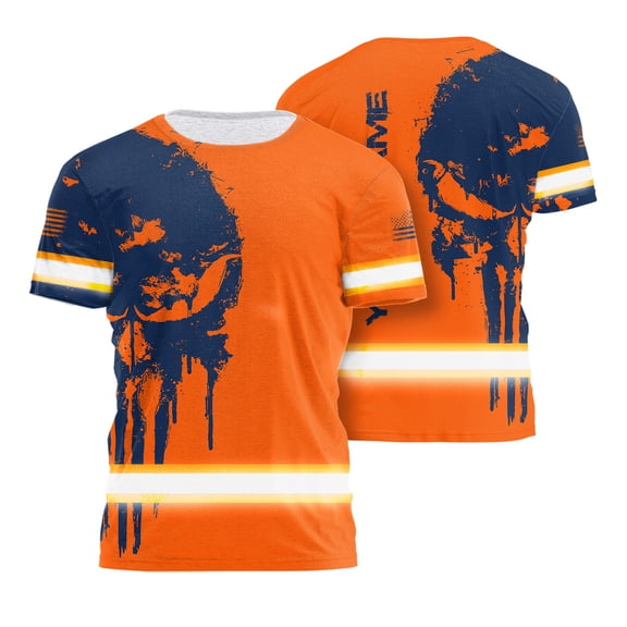 Hi Vis Shirt Reflective Orange Neon Strong Skull US Flag Custom Name Safety Workwear for Workers, Runners, Cyclists, Trucker, Operator, Patriotic