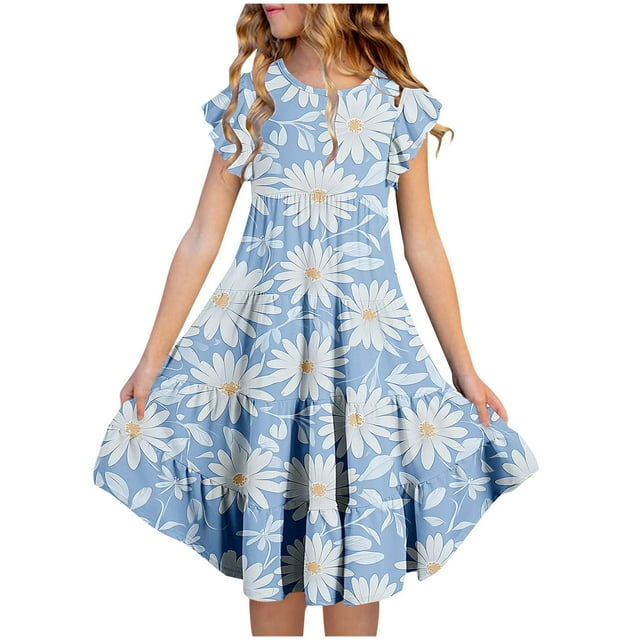 Zpanxa Robes Florales pour Filles Été Manches Courtes Manches Volantées Col Rond Imprimé de Fleurs Taille Poche Robe Superposée Polyester Spandex Multicolore 14-15 Ans