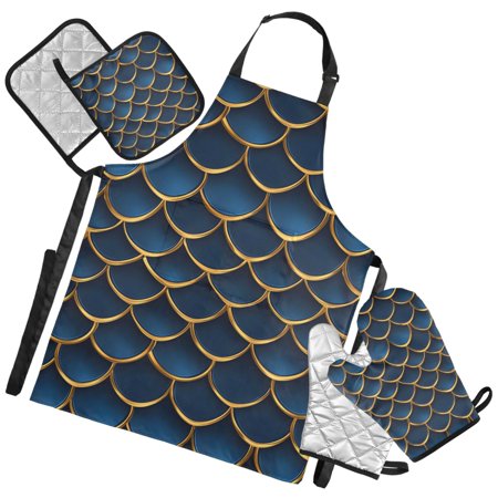 Ryvnso 3d Dragon Scales Blue Kitchen Apron Oven Mitts Set Pot Holders