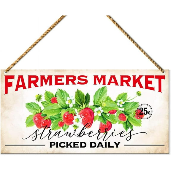 Kitchen Sign Farmers Market Strawberries, Rustic Sign for Home Dining Room Summer Decor Front Door Porch Decoration, Farmhouse Housewarming Gifts for New House Home Women Men 8x12 Inch