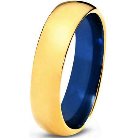 - Tungsten Wedding Band Ring 6mm for Men Women Blue 18k Yellow Gold Plated Domed Polished Lifetime Guarantee