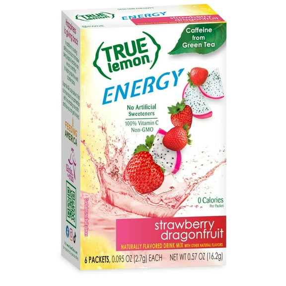 True Lemon Strawberry Dragonfruit Energy Drink Mix, 0 Sugar, No Artificial Sweeteners, 6 Count Box
