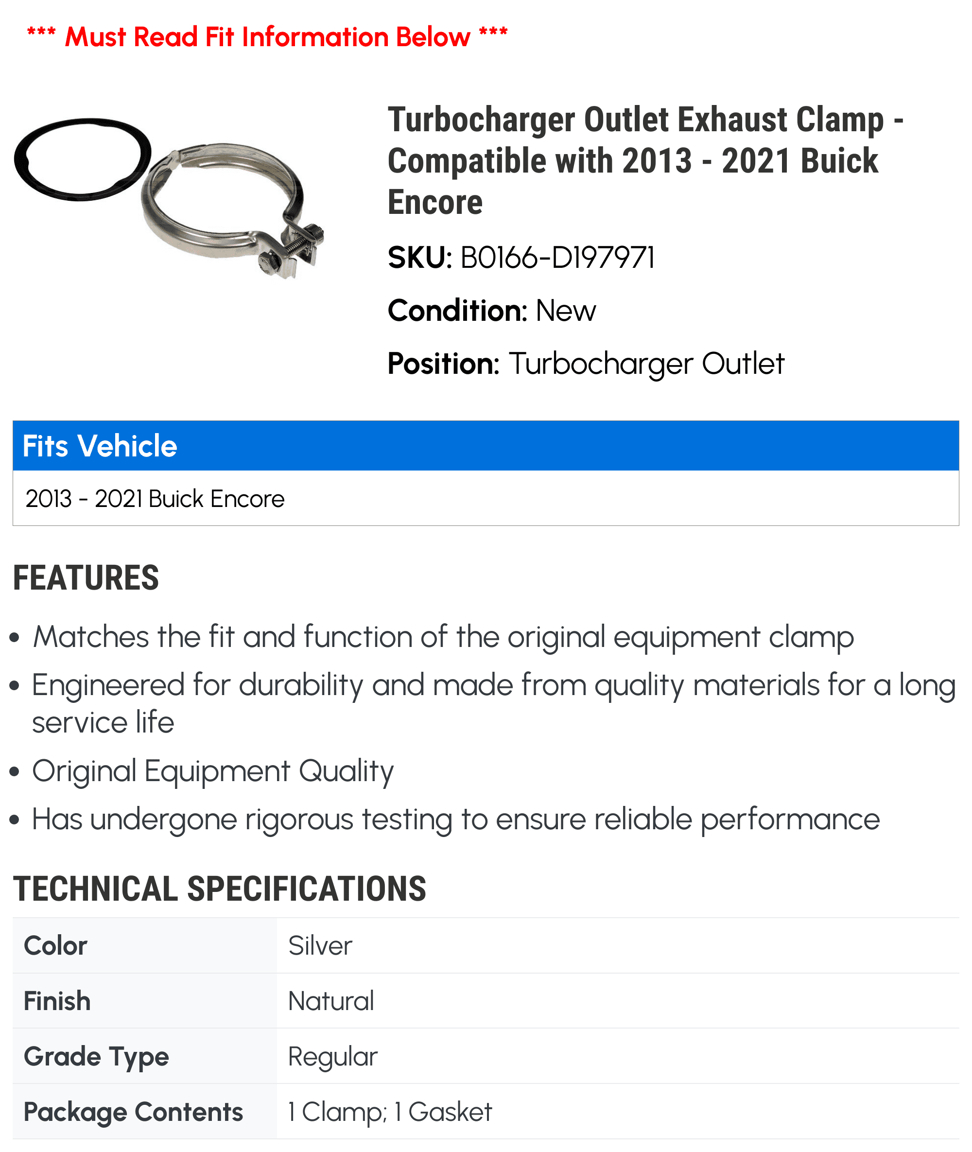 Turbocharger Outlet Exhaust Clamp - Compatible with 2013 - 2021 Buick Encore - Dorman