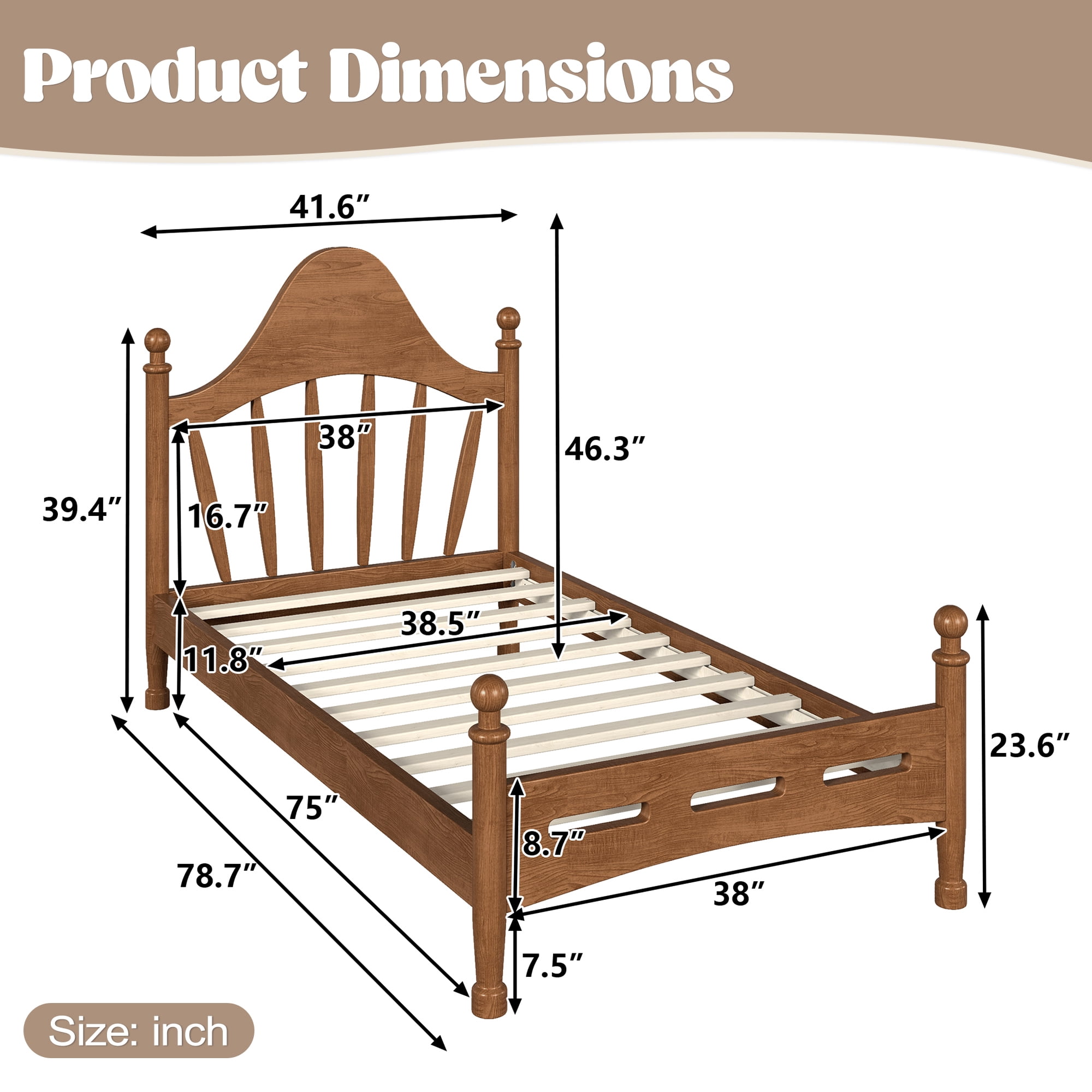 Leumius Twin Size Platform Bed with Chic Headboard, Solid Wood Bed Frame with Slatted Support, Low to Ground Design for Bedroom Brown