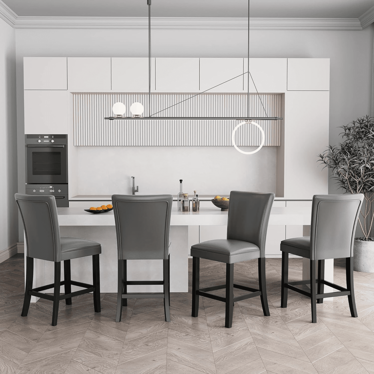 BAXMUY Set of 4 Counter Height Bar Stools, 25.6" Seat, Grey, Solid Wood & Faux Leather Bar Chairs for Kitchen Island & Home Bar