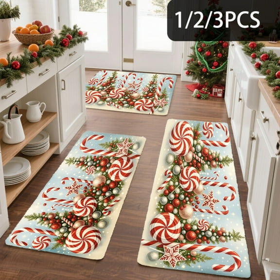 3PCS Kitchen Mat set, Welcome Door Flannel Rug,Home Decor for Front Door,Kitchen, Bathroom, Candy Canes Berries And Snowflakes ,Great Christmas Housewarming gift for Family and Friends.