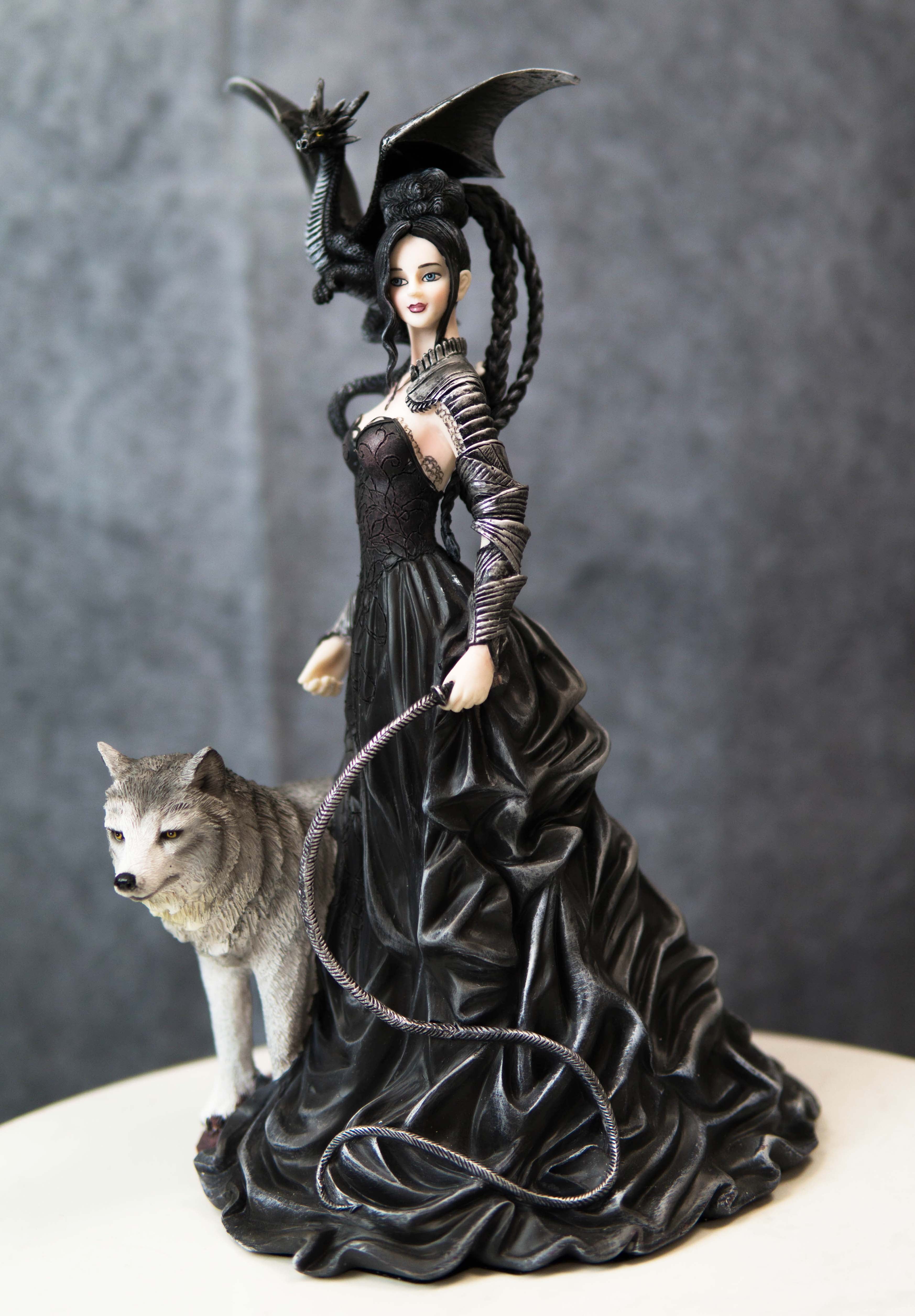Gothic Fairy Holding Dragon w Black Rocks Figurine Statue Faery Collection 