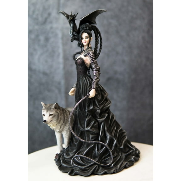 Gothic Maestra Maleficent Witch Fairy With Alpha Wolf and Black Dragon Statue