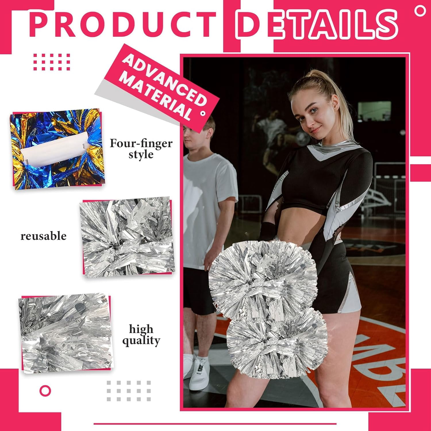 Cheerleader Pom Poms 24 Pack Sports Dance Cheering Plastic Metallic Cheerleading Pom Poms for Kids Adults.