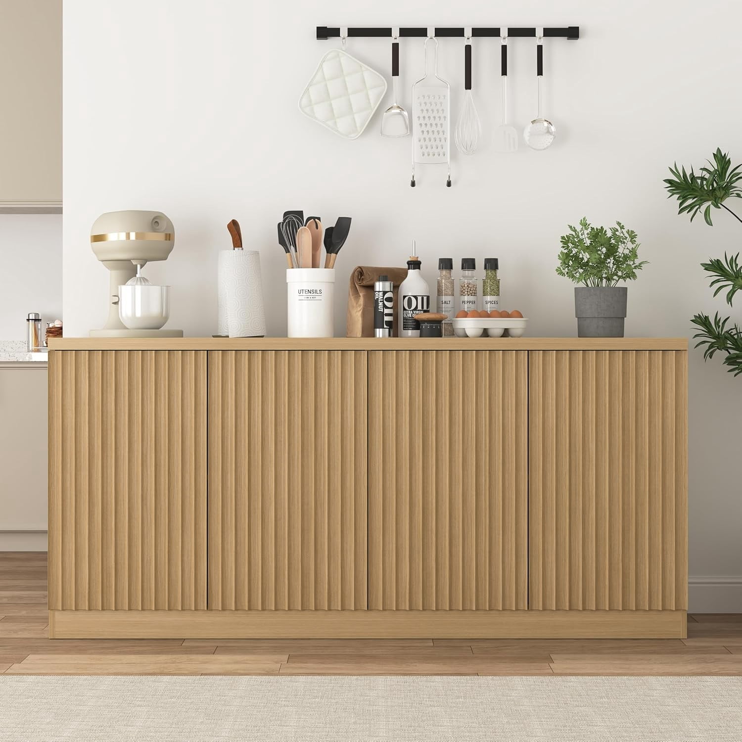 62.6" Buffet Cabinet with Storage, 4 Door Sideboard Cabinet with Shelves, Wooden Coffee Bar Cabinet Credenza Console Table for Kitchen Dining Room Living Room, Natural