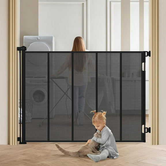 47" Extra Tall Retractable Baby Gates, Extends to 59" Wide, ExtraTall Retractable Safety Gate with Reinforced Strips, Retractable Tall Dog Gate for Doorways Mesh Baby Pet Gates Indoor, Black