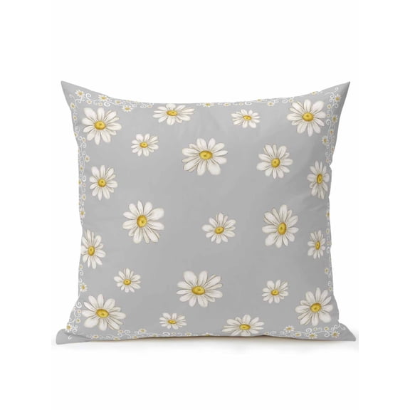 Outdoor Pillows Waterproof, Grey Spring Floral Bedding Throw Pillows with Insert for Couch Sofa Bed, Daisy Flowers Elegant Farmhouse Art 16x16 Inch Pillowcases Decorative Patio Pillow Set of 1
