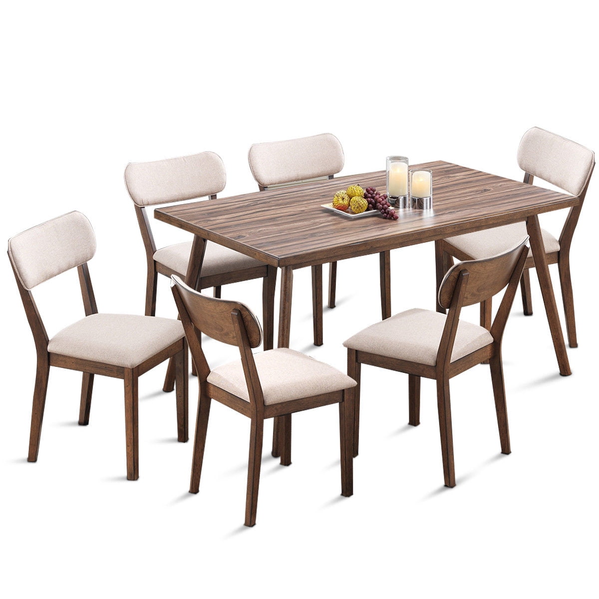 7 Pcs Dining Table Set Wooden Frame Desk 6 Fabric Upholstered Chair Kitchen