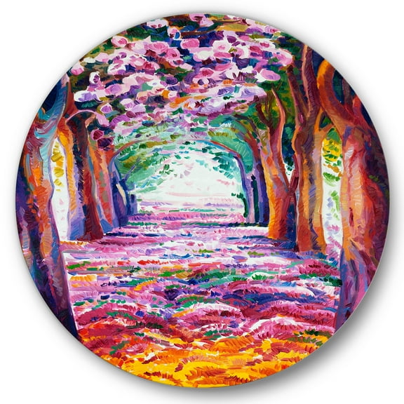 Designart 'Pink Flowering Colorful Spring Forest' Lake House Circle Metal Wall Art 36x36 - Disc of 36