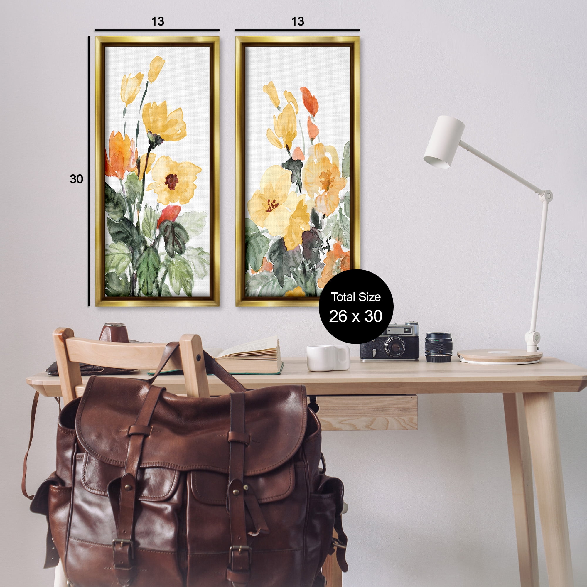 Stupell Industries Yellow Spring Flowers Botanical & Floral Painting Gold Floater Framed Canvas Art Print Wall Art, 15 x 31, Set of 2