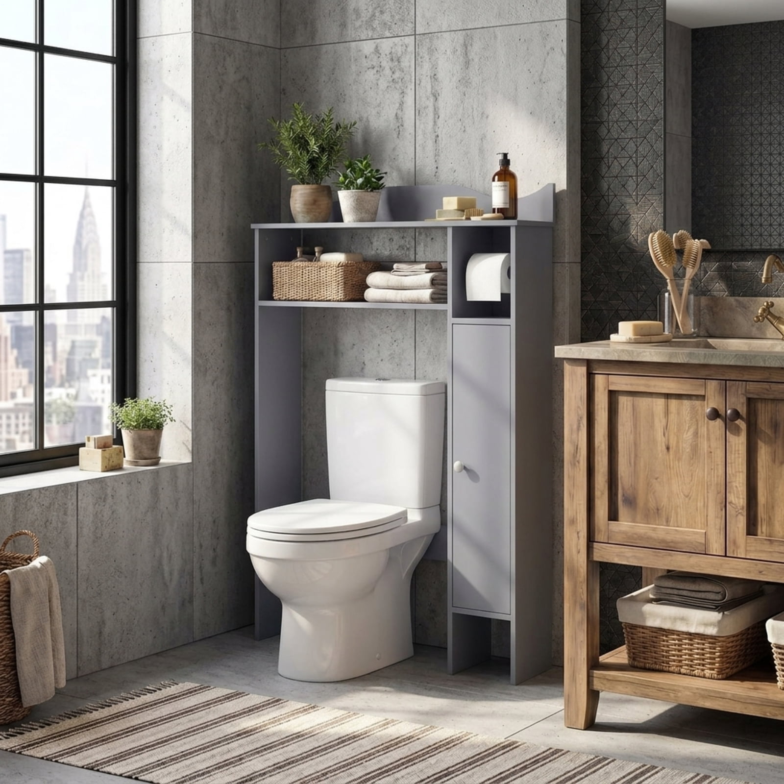 Vebreda Over the Toilet Storage Cabinet with Toilet Paper Holder and Removable Shelves for Bathroom Space Saving Organizer, Gray