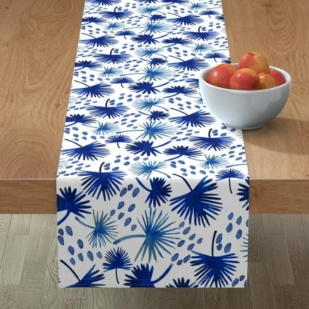

Cotton Sateen Table Runner 72 - Palm Tropical Indigo Watercolor Leaves Dots Coastal Blue Chinoiserie Botanical Print Custom Table Linens by Spoonflower