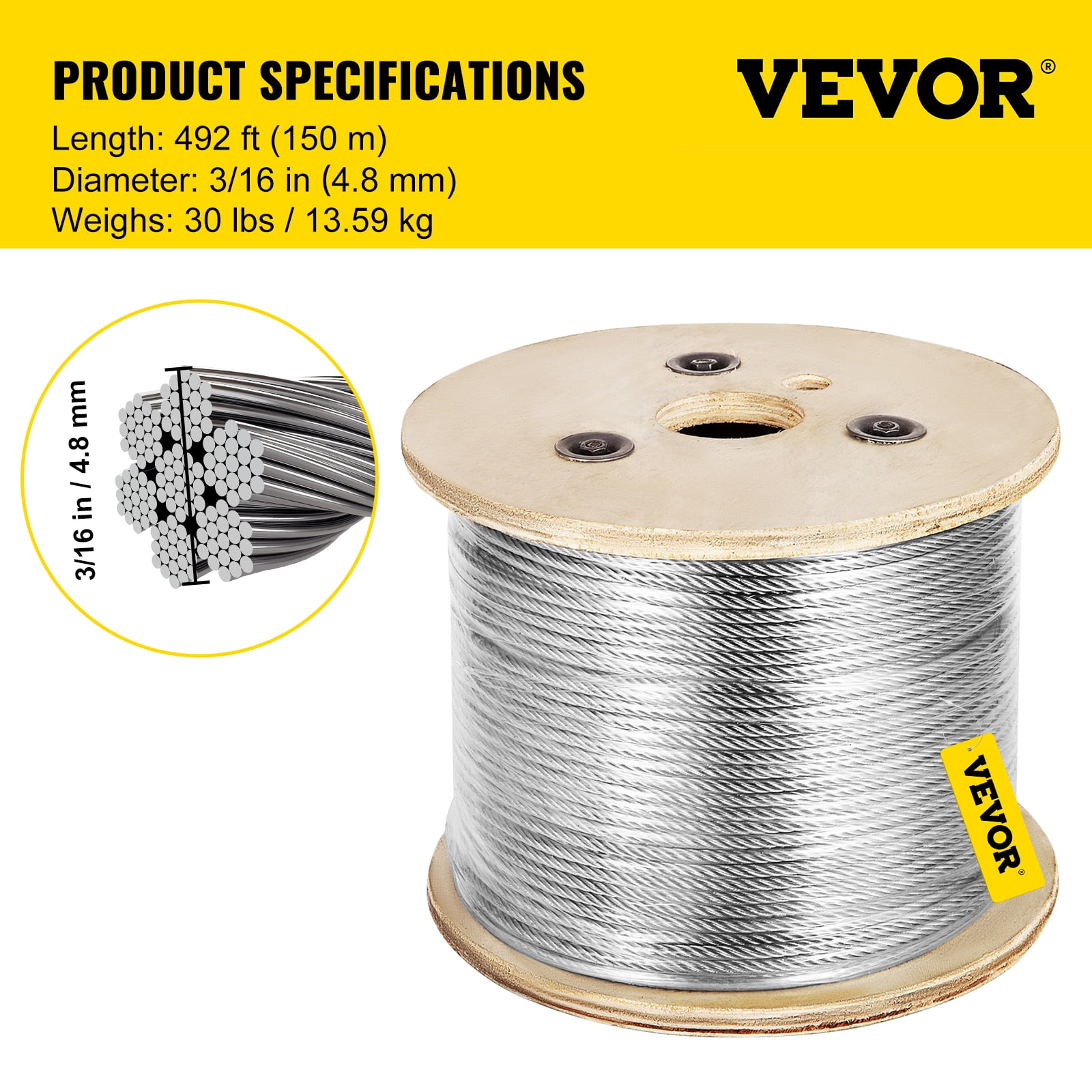 3/16-Inch Bare OD 500-Feet Length 7x19 Strand Core Stainless Steel 304 Wire Rope on Reel 
