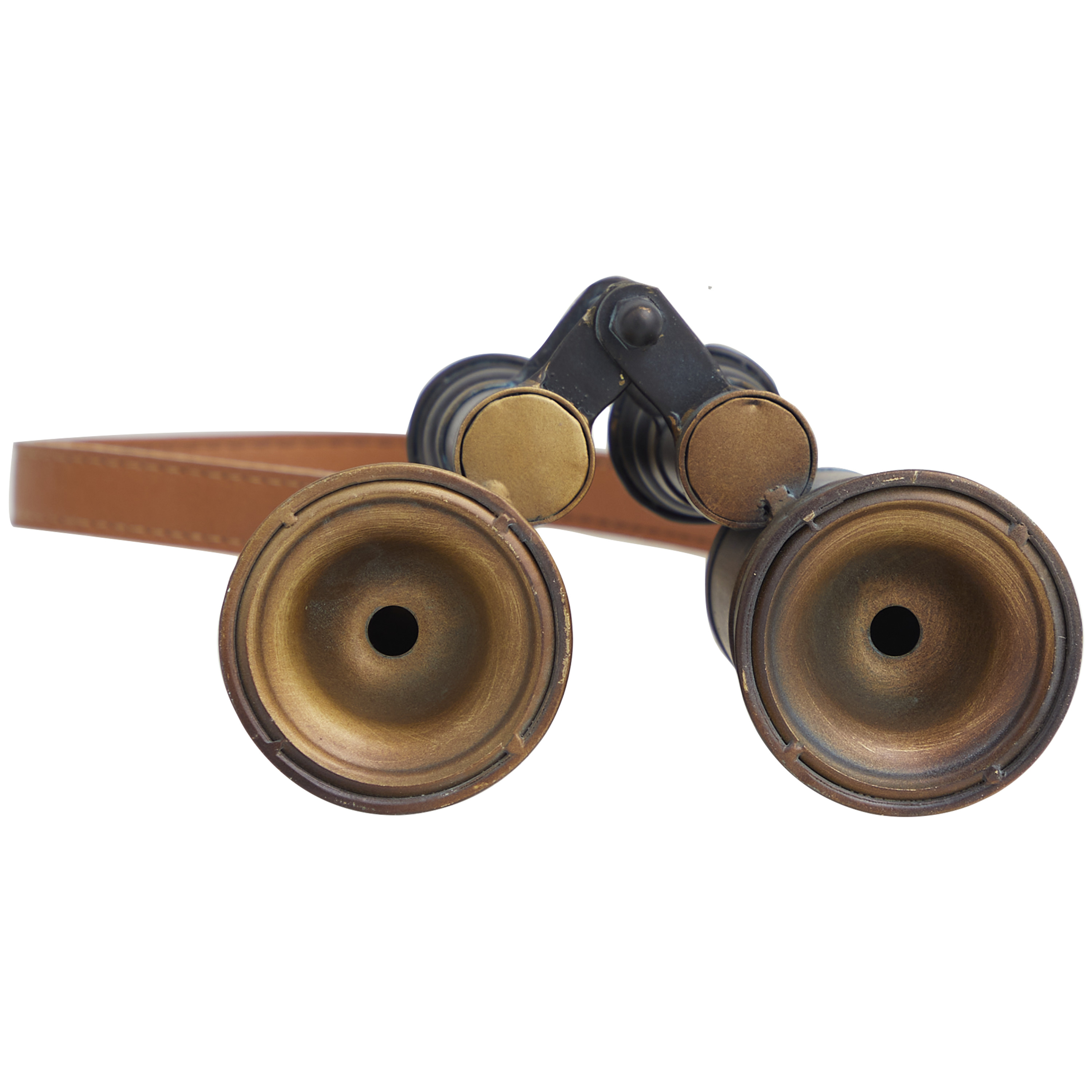 DecMode 7" x 7" Copper Metal Antique Binocular Telescope Tabletop Décor with Brown Faux Leather Strap, 1-Piece