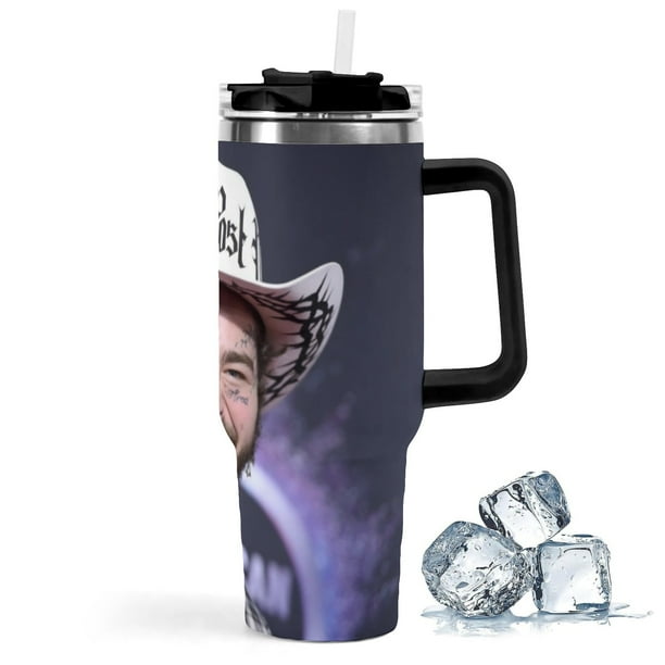 Posty Austin / Post Malone Vaso aislado de acero inoxidable con asa, diseño temático, regalo para familia, amigos y fans; incluye pajita y encaja en el portavasos estándar, 40 oz