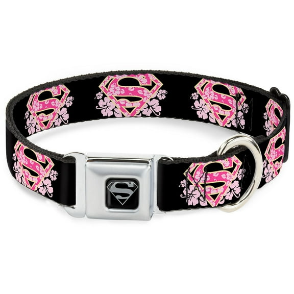 DC Comics Pet Collar, Dog Collar Metal Seatbelt Buckle, Super Shield Hibiscus Design Black Pink, 11 to 16.5 Inches 1.0 Inch Wide