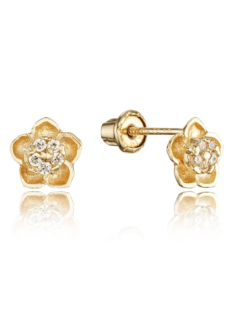 14k Yellow Gold CZ Flower Cubic Zirconia Children Screwback Baby Girls