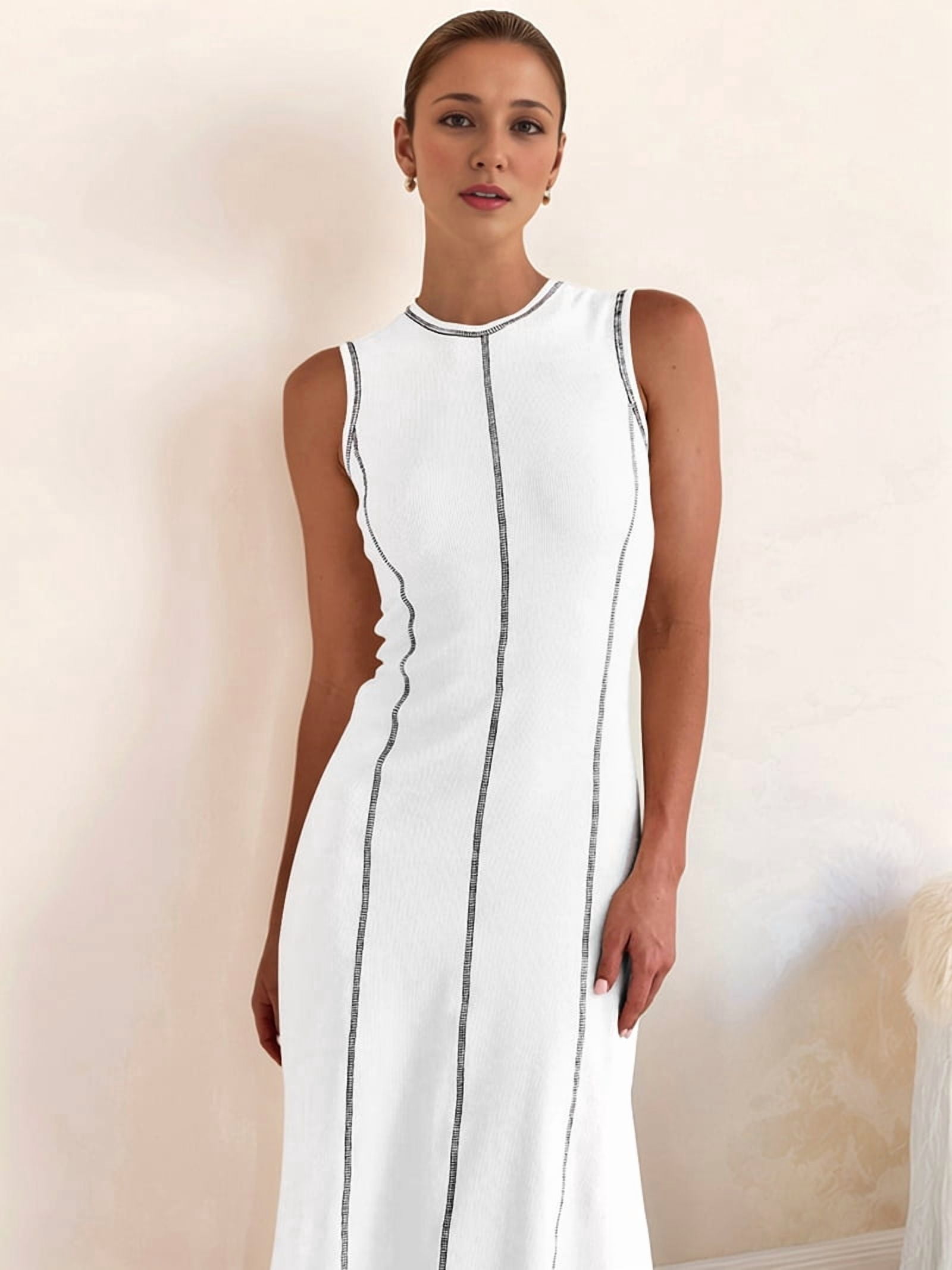 Womens Sleeveless T Shirt Dress Summer Contrast Ribbed Knit Tank Maxi Dresses White M