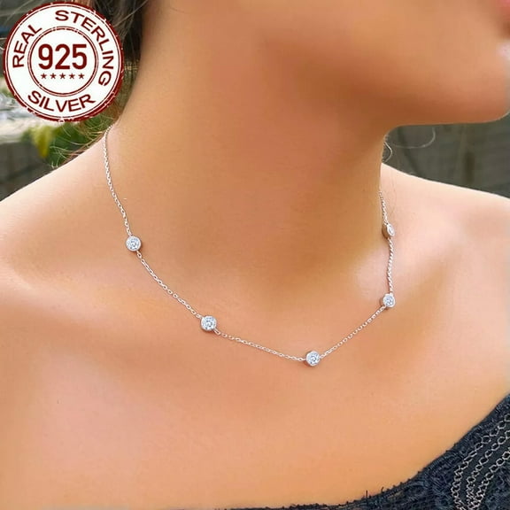 S925 Bezel Setting Cubic Zircon Round Chain Link Necklace 925 Sterling Silver CZ