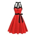 thumbnail image 2 of qolati Women 1950s Cockatil Dresses Vintage Polka Dot Halter Rockabilly Swing Dress Buttons Floral Bowknot Tie Front Retro Hepburn Prom Tea Party Dress Red L, 2 of 9