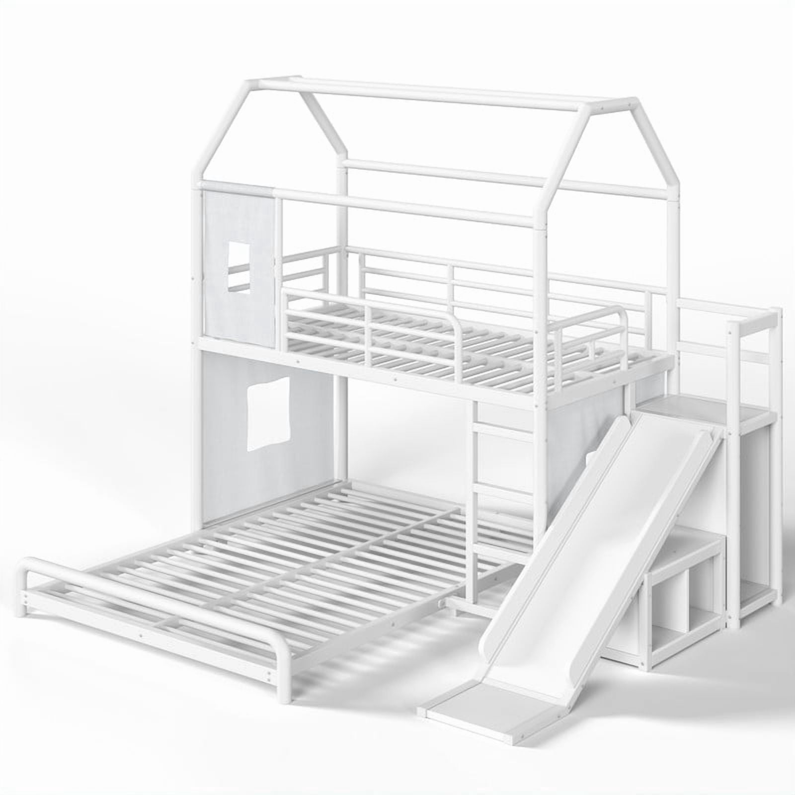 Twin over Full Metal Bunk Bed with Slide, Ladder, LED Light Strip, Privacy Curtain, Movable Storage Cabinet & Hanging Rod, House Shaped Kids Bunk Bed