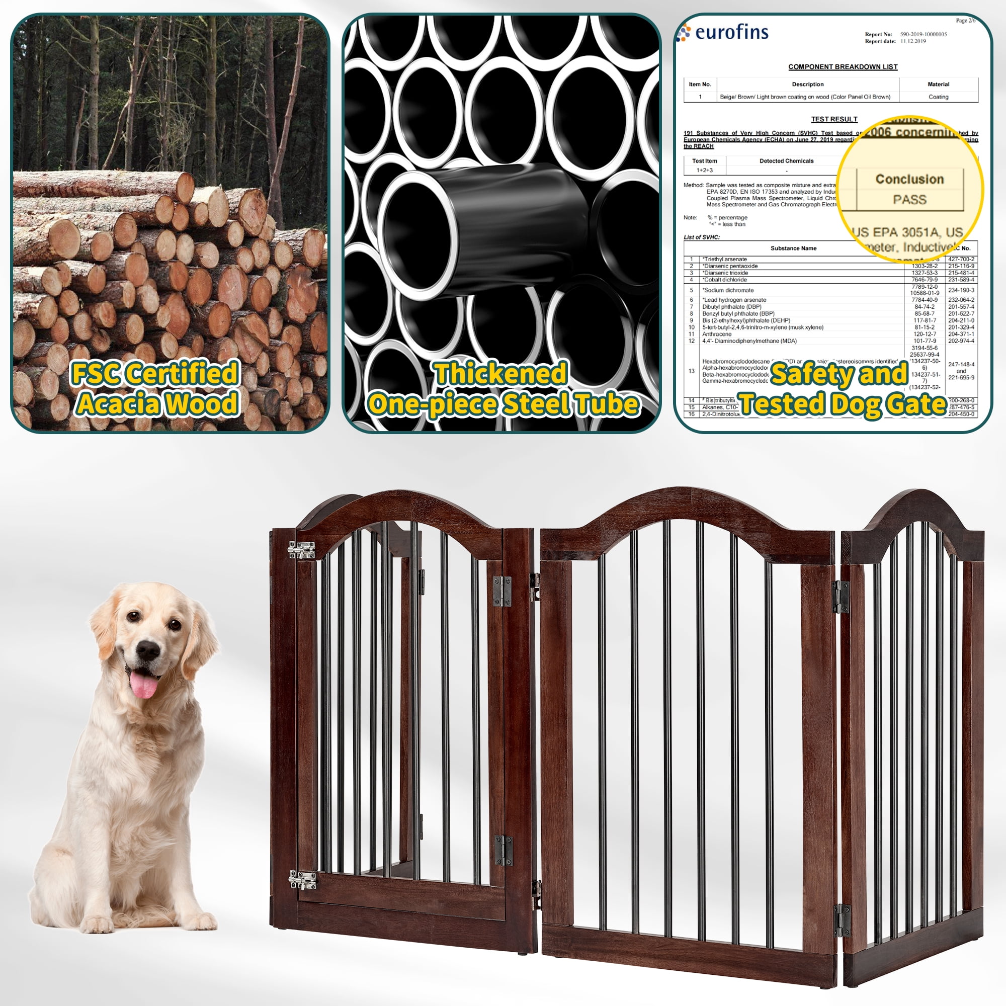 TrumanPick Free Standing Pet Gate with Door 30"H x 84"W Foldable Dog Gate 4 Panels Solid Wooden Dog Fence Indoor with Support Feet for House Doorways Stairs, Brown