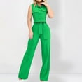 thumbnail image 3 of Scyoekwg Women 2 Piece Outfits Solid Color Sleeveless Turndown Collar Button Pocket Tops Solid Color Elastic Waist Tie Pants Sets (Green,L), 3 of 7