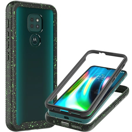 CoverON Motorola Moto G9 Play Phone Case / Moto G9 / E7 Plus Case, Military Grade Full Body Rugged Slim Fit Clear Cover, Black (Green Splash)