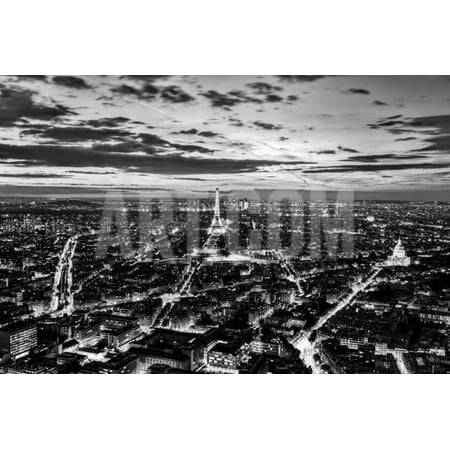 Paris, France Skyline, Panorama at Sunset, Young Night. View on Eiffel Tower in Black and White Print Wall Art By Michal