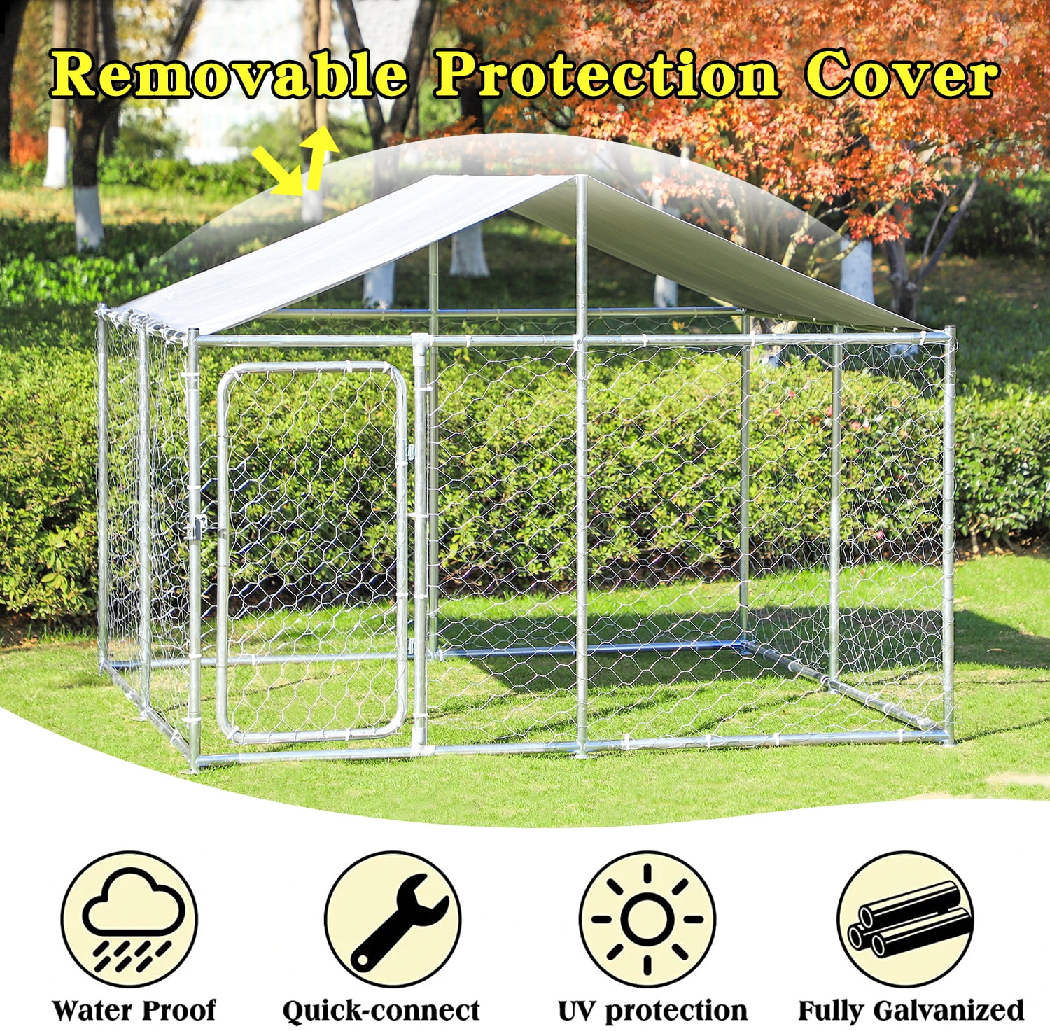 Large Outdoor Dog Kennel Durable Dog Cage with Waterproof Cover, 90"x90"x45"