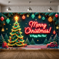 thumbnail image 5 of Neon Light Merry Christmas Banner Christmas Tree Xmas Display Gift Boxes Stars Holiday Backdrop for Christmas Party New Year Celebration Holiday Gathering, 5 of 9
