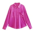thumbnail image 5 of Women's Short Sleeve V Neck Buttons Velour Casual Shirts Solid Trendy Blouses Hot Pink,S, 5 of 5