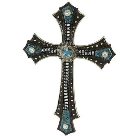 - Pine Ridge Western Style Turquoise Star Centerpiece Wall Cross - Intricate Leather Design Celtic Crucifix with Metal Accents - Brown Leather Crucifix Beautifully Hand-painted and Crafted