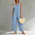 thumbnail image 5 of Womens cotton linen Jumpsuits One Piece Overalls Button Down Sleeveless Wide Legs Rompers Solid Color Casual Daily Jumpsuits with Pockets, 5 of 8