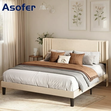 Beige Queen Bed Frame with Headboard, Asofer Bed Frame, Mid Modern Bed Frame Queen Size with Under Bed Storage